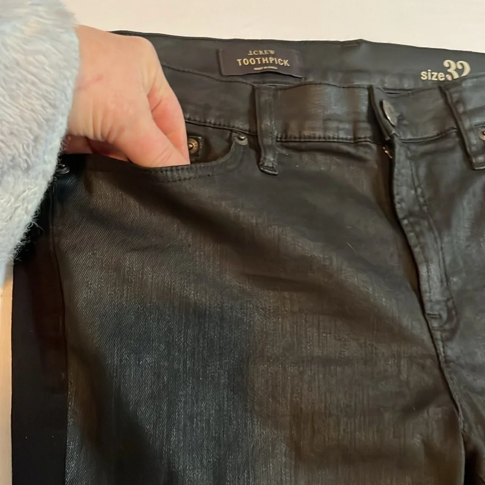 J. Crew size 32 black coated jeans style toothpick back is softer ponte fabric